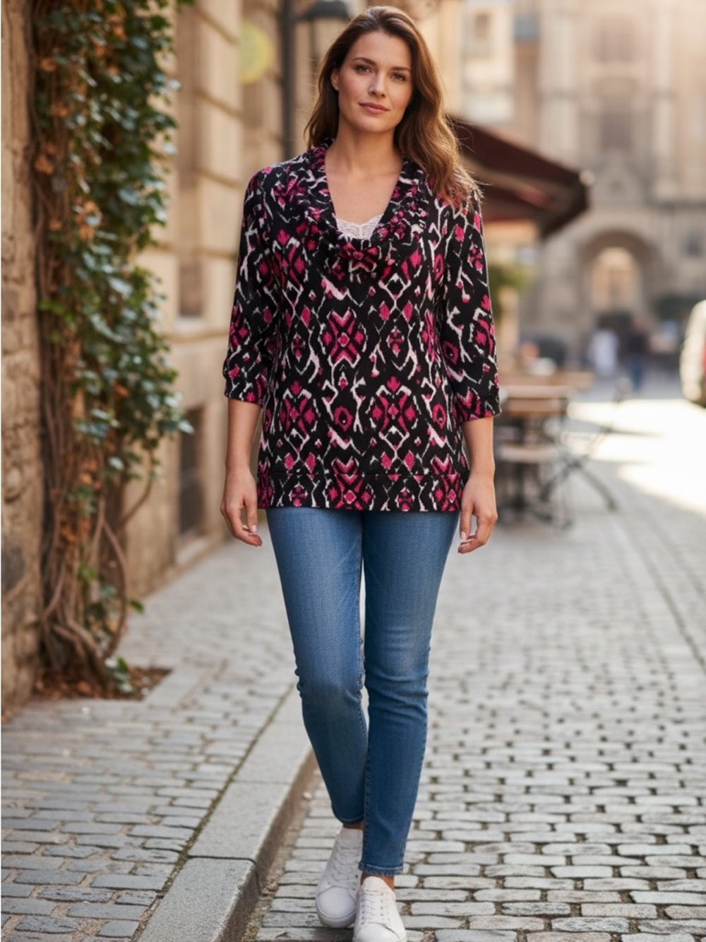 Bobbie Brooks Black and Pink Geometric Cowl Neck top